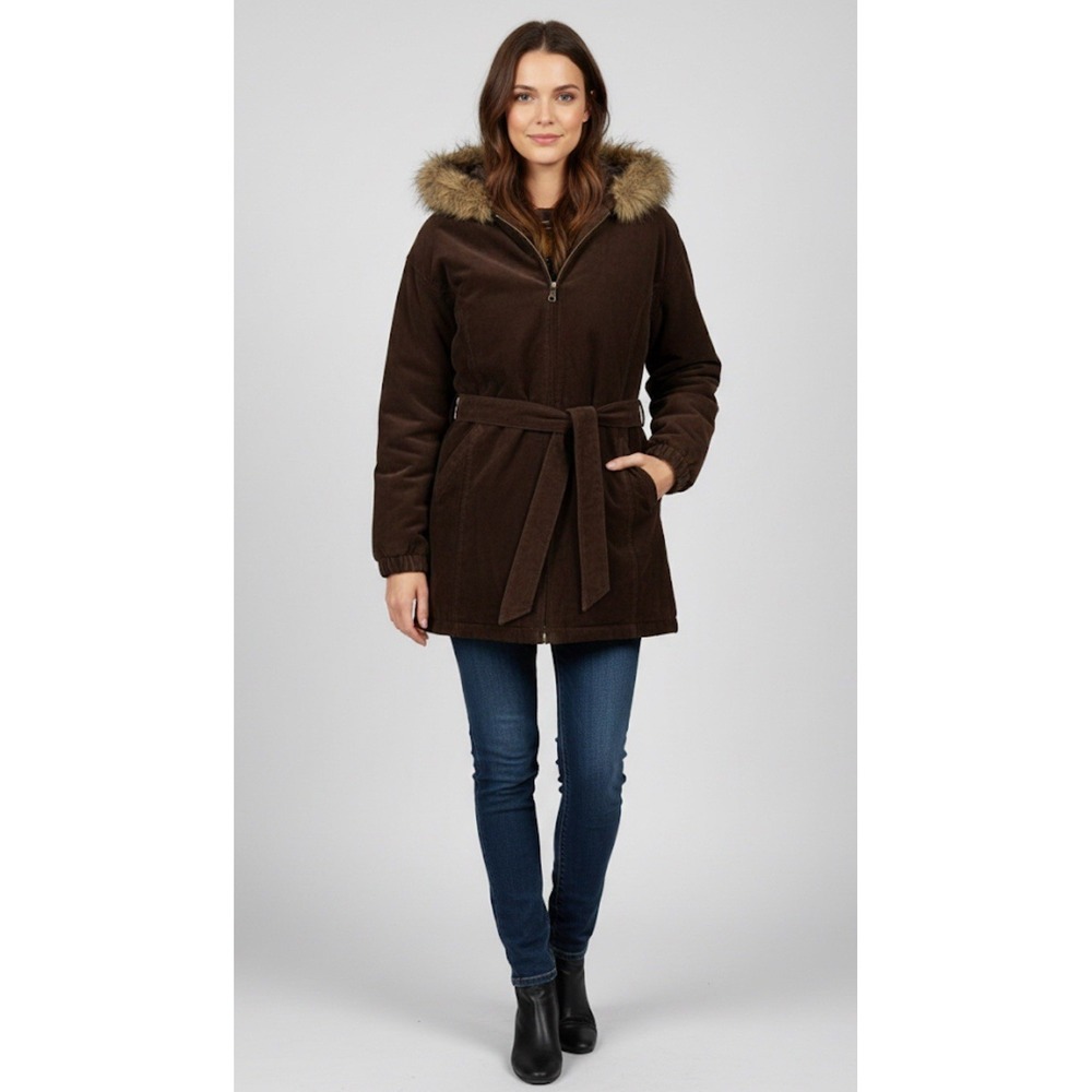 Women's WILSONS ADVENTURE BOUND Size M Suede Leather Coat Belted‎ Jacket w/ Hood